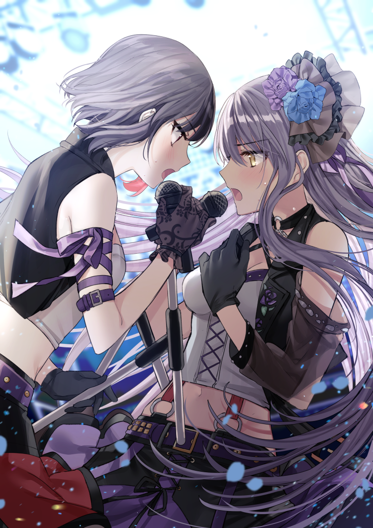 2girls bang_dream! bangs belt black_gloves blue_flower blue_rose breasts brown_eyes commentary_request eyebrows_visible_through_hair face-to-face flower from_side gambe gloves hair_flower hair_ornament holding long_hair medium_breasts microphone microphone_stand midriff minato_yukina mitake_ran multiple_girls music navel o-ring open_mouth purple_flower purple_hair purple_rose purple_skirt rose short_hair singing skirt standing suspenders sweat very_long_hair