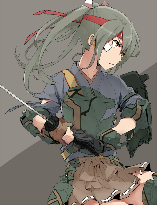 1girl bandage_on_face brown_background commentary_request cowboy_shot eyebrows_visible_through_headband green_eyes green_hair hair_ribbon hakama_skirt headband holding kantai_collection katana long_hair looking_to_the_side nape neck red_headband ree_(re-19) ribbon rigging serious solo sword torn_clothes twintails v-shaped_eyebrows weapon white_ribbon zuikaku_(kantai_collection)