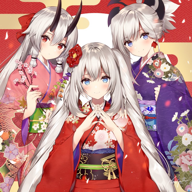 3girls bangs blue_eyes fate/grand_order fate_(series) floral_print hair_between_eyes hair_tubes hands_clasped japanese_clothes kimono long_hair looking_at_viewer marie_antoinette_(fate/grand_order) miyamoto_musashi_(fate/grand_order) multiple_girls necomi obi oni oni_horns own_hands_together petals pink_kimono purple_kimono red_eyes red_kimono sash sidelocks signature silver_hair tomoe_gozen_(fate/grand_order) twintails wide_sleeves