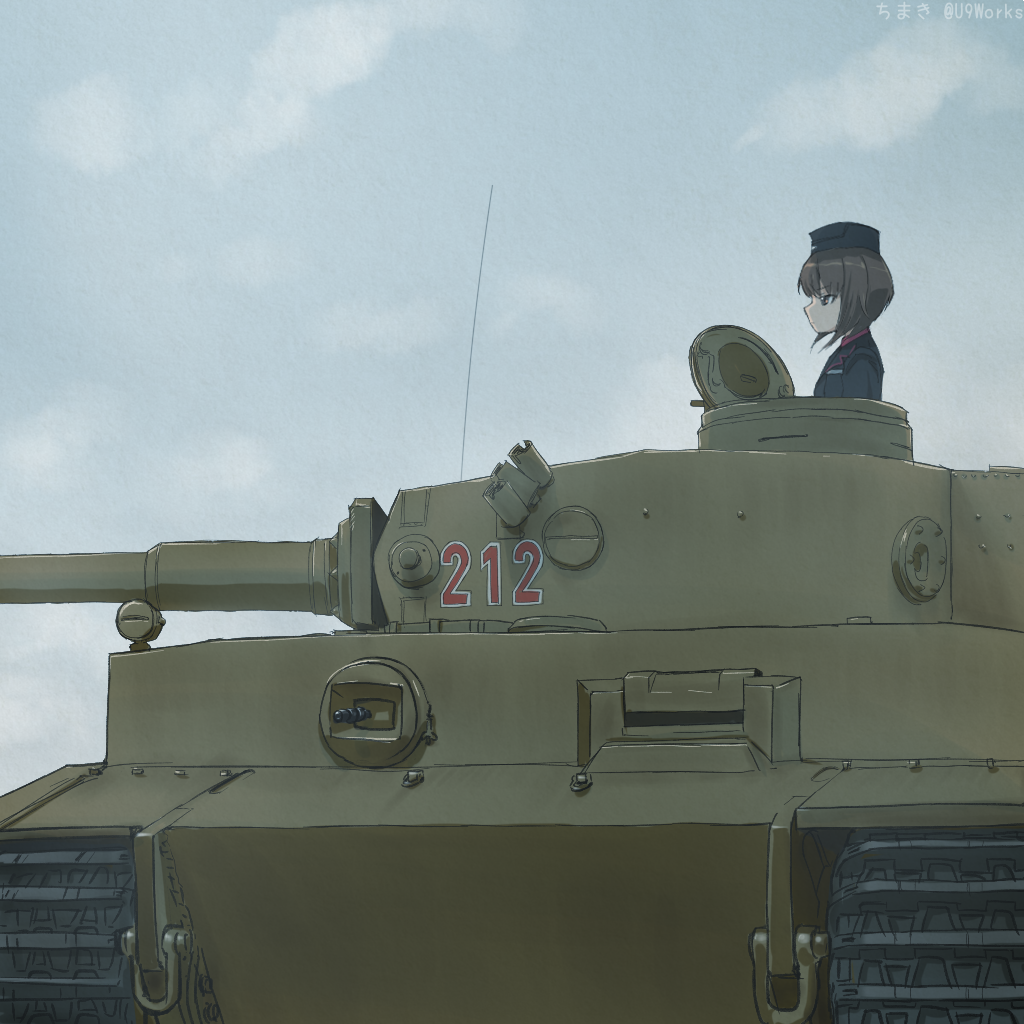 1girl akagi_(fmttps) artist_name bangs black_hat black_jacket brown_eyes brown_hair closed_mouth clouds cloudy_sky commentary day from_side garrison_cap girls_und_panzer ground_vehicle hat jacket kuromorimine_military_uniform light_frown military military_hat military_uniform military_vehicle motor_vehicle nishizumi_maho outdoors short_hair sky solo tank tank_focus tiger_i twitter_username uniform