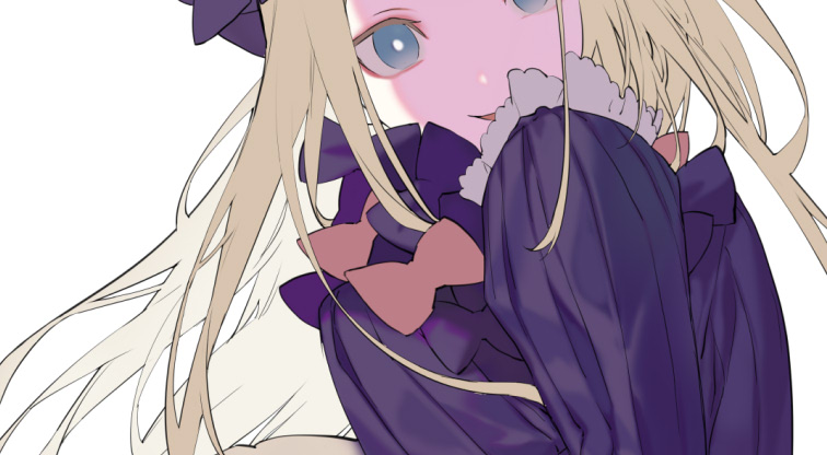 1girl abigail_williams_(fate/grand_order) blonde_hair blue_eyes bow commentary_request covering_mouth dress fate/grand_order fate_(series) hand_over_own_mouth hand_up head_tilt long_hair looking_at_viewer orange_bow purple_bow purple_dress simple_background sleeves_past_fingers sleeves_past_wrists smile solo white_neckwear yamakawa