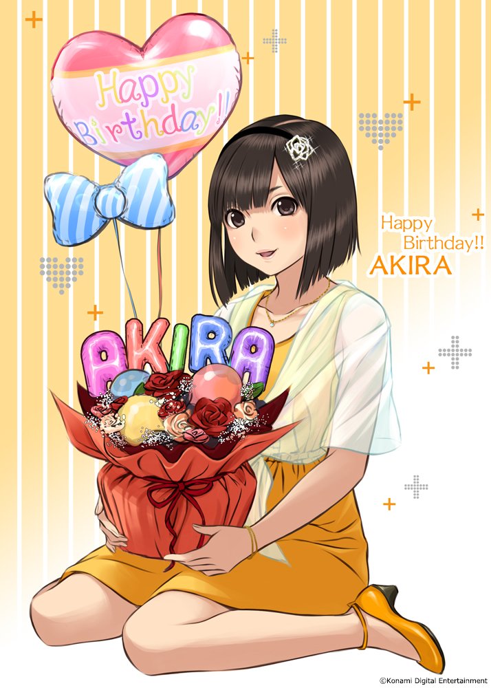 1girl balloon bouquet brown_eyes brown_hair dress flower headband heart high_heels jewelry looking_at_viewer love_plus mino_tarou necklace official_art orange_background orange_dress orange_flower orange_footwear orange_rose plus_sign red_flower red_rose ribbon rose see-through short_hair sleeveless sleeveless_dress smile solo vase yukino_akira