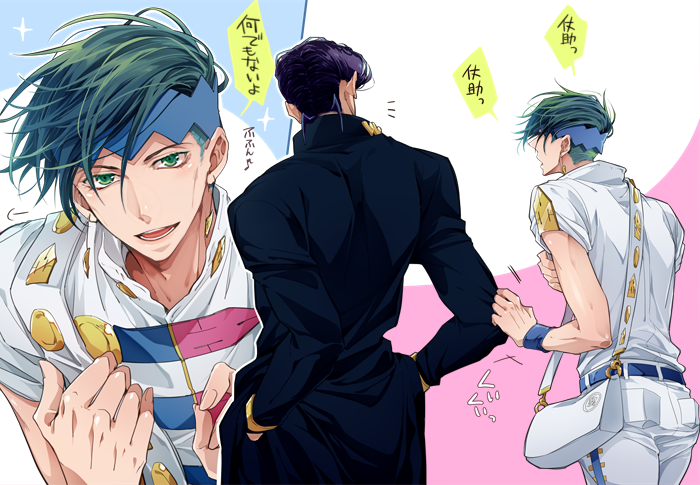 2boys bag gakuran green_eyes green_hair handbag headband higashikata_jousuke jojo_no_kimyou_na_bouken kishibe_rohan male_focus multiple_boys pompadour purple_hair school_uniform senbiki_(nonono69) sleeve_tug sparkle translated