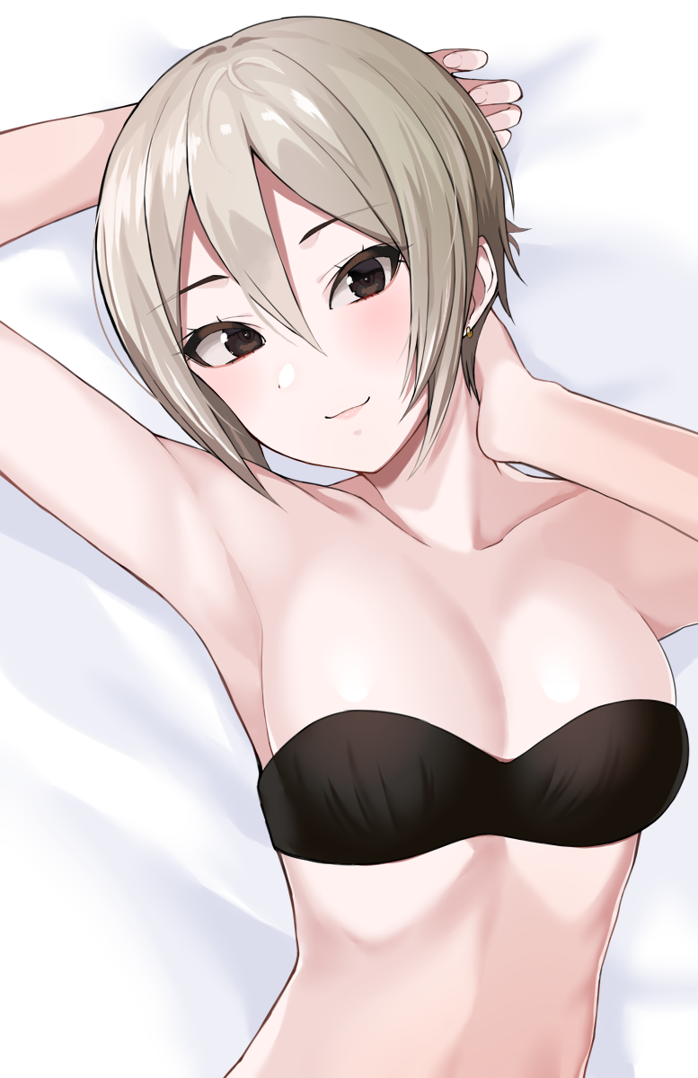 1girl arms_behind_head arms_up bandeau bangs bare_shoulders black_eyes blush breasts cleavage closed_mouth collarbone earrings gomashi_(goma) grey_hair hair_between_eyes highres idolmaster idolmaster_cinderella_girls jewelry looking_at_viewer lying medium_breasts on_back parted_bangs shiomi_shuuko short_hair smile solo