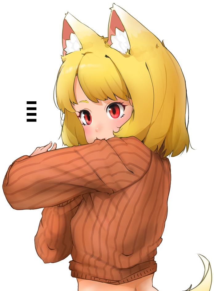 1girl animal_ear_fluff animal_ears bangs biting biting_clothes blonde_hair cc_c0c0 cookie_(touhou) fox_ears fox_tail long_sleeves miramikaru_riran red_eyes ribbed_sweater short_hair solo sweater tail touhou white_background