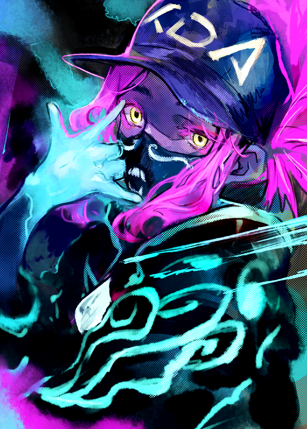1girl \m/ blue_hat code-aa commentary_request hand_up hat highres hood hood_down hoodie k/da_(league_of_legends) league_of_legends long_hair looking_at_viewer mask peaked_cap pink_hair solo upper_body yellow_eyes
