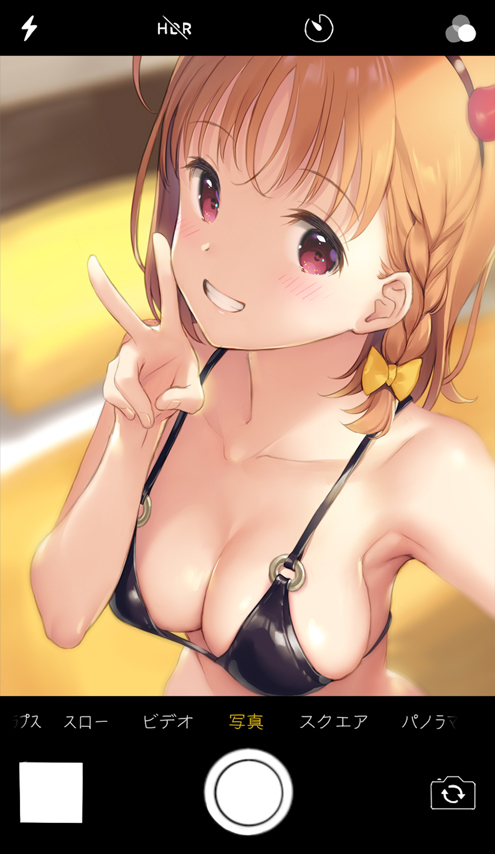 1girl ahoge bikini_top black_bikini_top blurry blurry_background bow braid breasts brown_hair cleavage collarbone depth_of_field eyebrows_visible_through_hair fake_horns grin hair_bow hairband hand_up looking_at_viewer love_live! love_live!_sunshine!! medium_breasts mignon o-ring o-ring_bikini o-ring_top phone_screen pink_eyes reaching_out self_shot short_hair side_braid smile solo takami_chika translated v