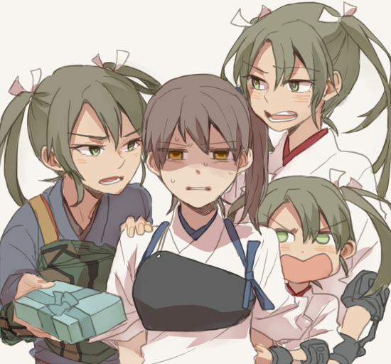 4girls annoyed blush box brown_hair commentary_request gift gift_box hair_ribbon japanese_clothes kaga_(kantai_collection) kantai_collection long_hair multiple_girls multiple_persona open_mouth ree_(re-19) remodel_(kantai_collection) ribbon short_hair side_ponytail sweat twintails white_day younger yuri zuikaku_(kantai_collection)