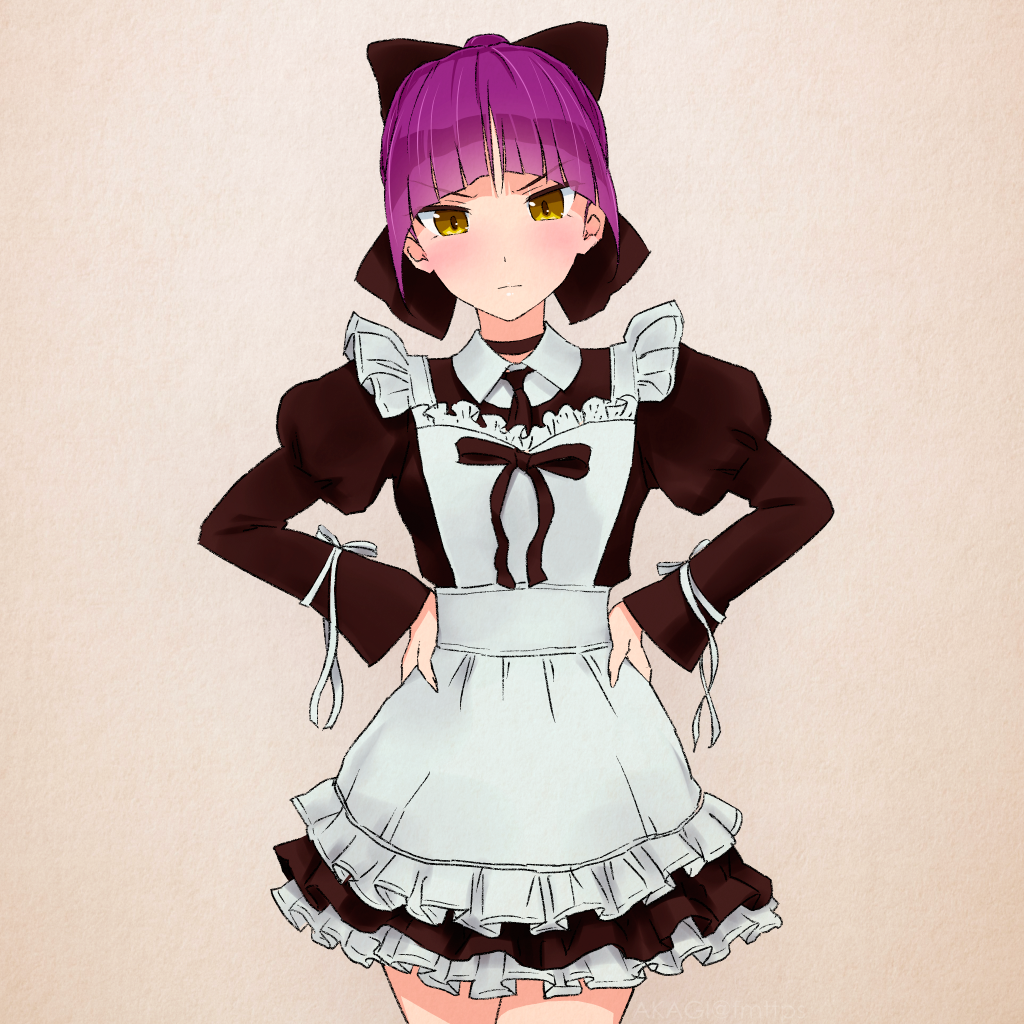 1girl akagi_(fmttps) alternate_costume apron artist_name ascot bangs black_bow black_choker black_neckwear blush bow brown_background cat_girl choker closed_mouth collared_dress commentary dress enmaided eyebrows_visible_through_hair frilled_apron frilled_dress frills frown gegege_no_kitarou hair_bow hands_on_hips juliet_sleeves long_sleeves looking_at_viewer maid maid_apron nekomusume nekomusume_(gegege_no_kitarou_6) petticoat pointy_ears puffy_sleeves purple_hair short_dress short_hair solo standing twitter_username v-shaped_eyebrows yellow_eyes