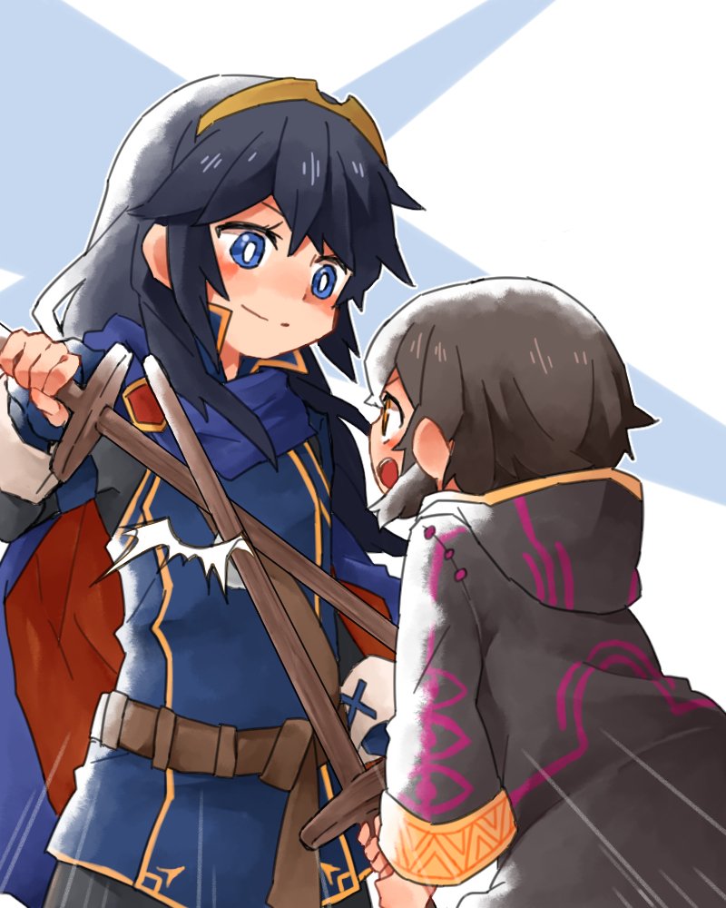 2girls black_hair blue_eyes blue_hair cape closed_mouth fire_emblem fire_emblem:_kakusei from_behind holding holding_sword holding_weapon hood hood_down long_hair long_sleeves lucina mark_(female)_(fire_emblem) mark_(fire_emblem) multiple_girls nintendo open_mouth robe shunrai simple_background smile sword tiara weapon wooden_sword