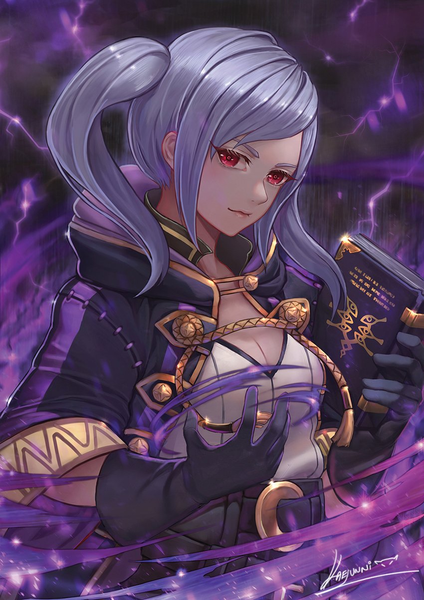 1girl aura belt black_gloves book breasts cleavage closed_mouth dark_aura female_my_unit_(fire_emblem:_kakusei) fire_emblem fire_emblem:_kakusei fire_emblem_heroes gimurei gloves highres holding holding_book hood hood_down kaejunni my_unit_(fire_emblem:_kakusei) nintendo open_clothes open_robe red_eyes robe signature solo twintails upper_body white_hair