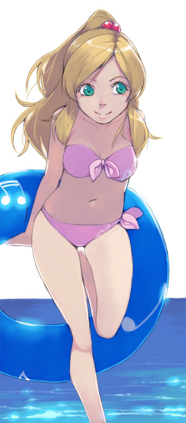 1girl akinbo_(hyouka_fuyou) arms_behind_back bikini blonde_hair breasts cleavage collarbone front-tie_bikini front-tie_top green_eyes hair_bobbles hair_ornament high_ponytail highres innertube leg_up long_hair looking_to_the_side medium_breasts minamino_kanade musical_note musical_note_print navel ocean parted_lips pink_bikini precure shiny shiny_hair side-tie_bikini smile solo standing standing_on_one_leg striped striped_bikini suite_precure swimsuit very_long_hair white_background