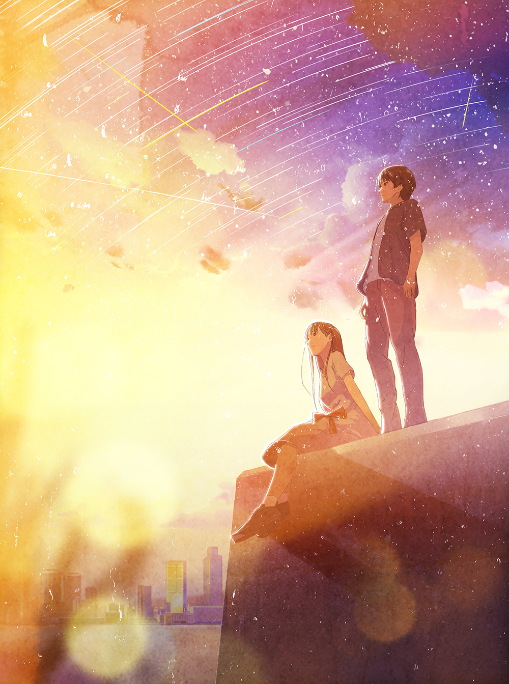 1boy 1girl black_hair blurry bokeh building city clouds commentary depth_of_field dress highres lens_flare light_particles long_hair looking_afar nakamura_yukihiro original outdoors scenery short_hair sitting star_(sky) sunlight water