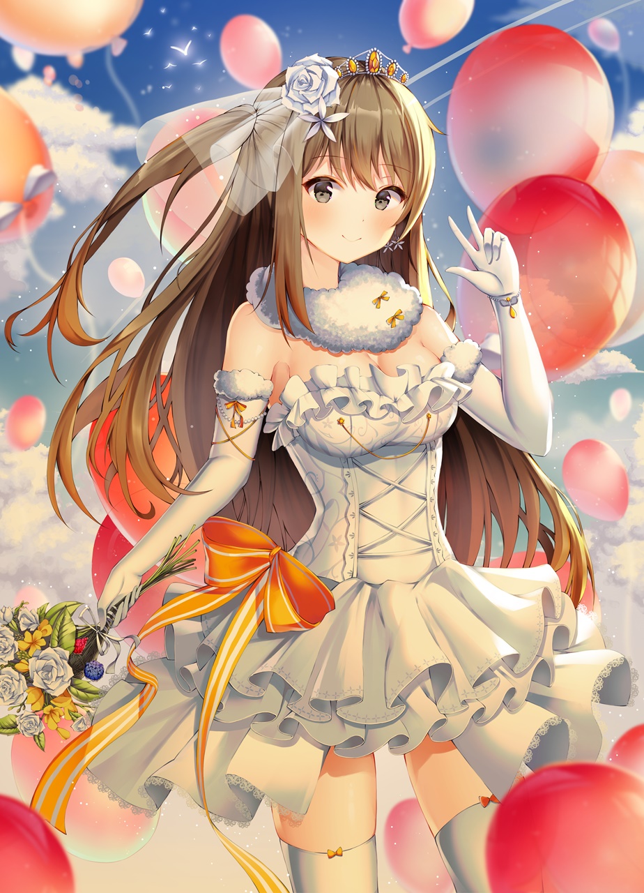 1girl armlet balloon bangs bare_shoulders blush bouquet bow bracelet breasts bridal_veil bride brown_eyes brown_hair cleavage collarbone dress earrings elbow_gloves eyebrows_visible_through_hair flower fur-trimmed_gloves fur_trim girls_frontline gloves hair_flower hair_ornament hairclip highres holding holding_bouquet jewelry k-2_(girls_frontline) kotomaru_(sirouko9511) light_particles long_hair looking_at_viewer medium_breasts ribbon rose sidelocks smile solo sparkle strapless strapless_dress thigh-highs tiara veil w wedding_dress white_dress white_flower white_gloves white_legwear white_rose