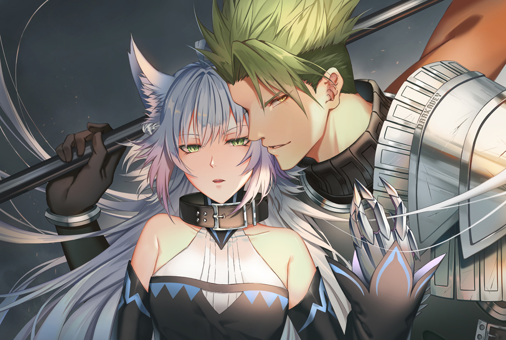 achilles_(fate) animal_ears armor atalanta_(alter)_(fate) atalanta_(fate) collar darkavey fate/apocrypha fate/grand_order fate_(series) green_eyes long_hair looking_at_viewer open_mouth polearm silver_hair spear weapon yellow_eyes