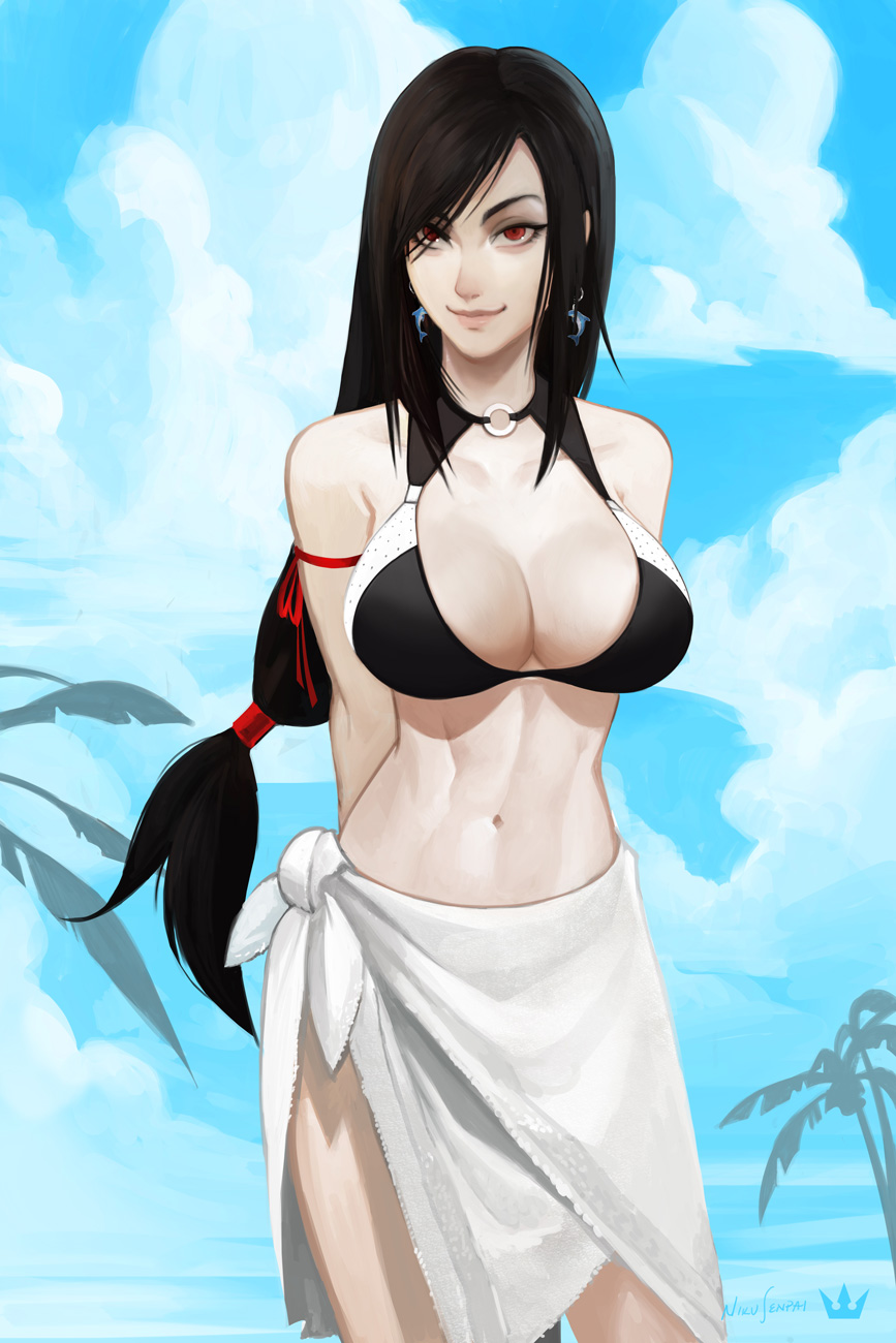 1girl bangs bikini black_bikini blue_sky closed_mouth clouds cloudy_sky commentary contrapposto day dolphin_earrings earrings english_commentary final_fantasy final_fantasy_vii highres jewelry long_hair looking_at_viewer low-tied_long_hair navel nikusenpai o-ring o-ring_top outdoors palm_tree red_eyes sarong signature sky smile solo standing swept_bangs swimsuit tifa_lockhart tree