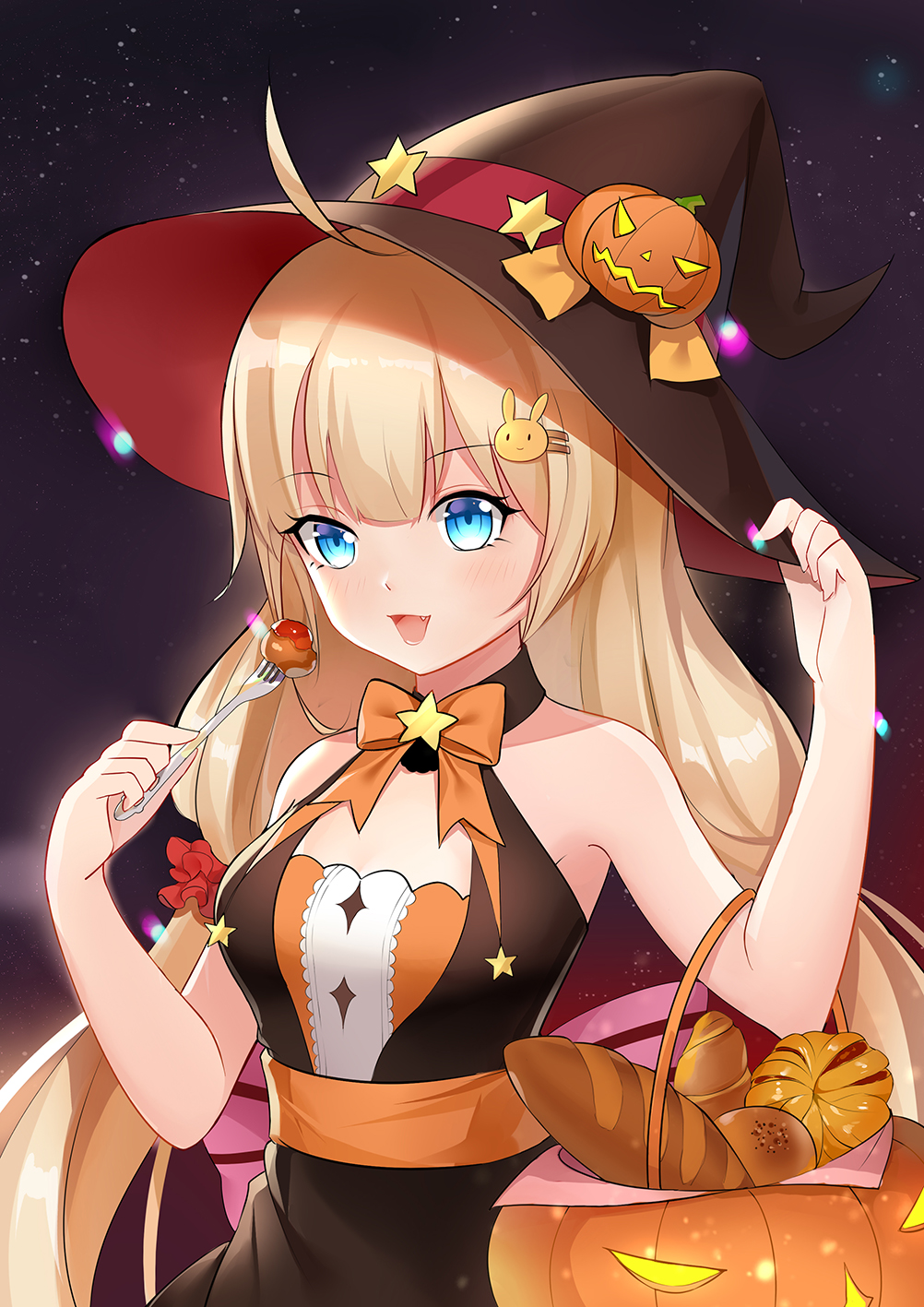 1girl :d ahoge baguette bangs bare_shoulders basket black_hat blonde_hair blue_eyes blush bow bowtie bread breasts bunny_hair_ornament commentary commentary_request croissant english_commentary fang food fork girls_frontline hair_ornament hairclip halloween halloween_costume hand_on_headwear hands_up happy_halloween hat highres holding holding_fork jack-o'-lantern long_hair looking_at_viewer low_twintails m45_(girls_frontline) medium_breasts night night_sky open_mouth orange_neckwear outdoors pink_bow pumpkin sidelocks sky smile solo star star_(sky) starry_sky sweets tamaxi twintails upper_body witch_hat