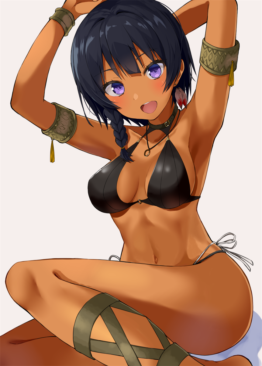 1girl :d armlet armpits arms_behind_head arms_up bangs belt_collar bikini black_bikini black_hair blush bracelet braid commentary_request dark_skin earrings feather_earrings gomashi_(goma) head_tilt highres jewelry layered_bikini leg_garter long_hair looking_at_viewer navel necklace open_mouth original ring_necklace side-tie_bikini simple_background sitting smile solo swimsuit thighs upper_teeth violet_eyes white_background