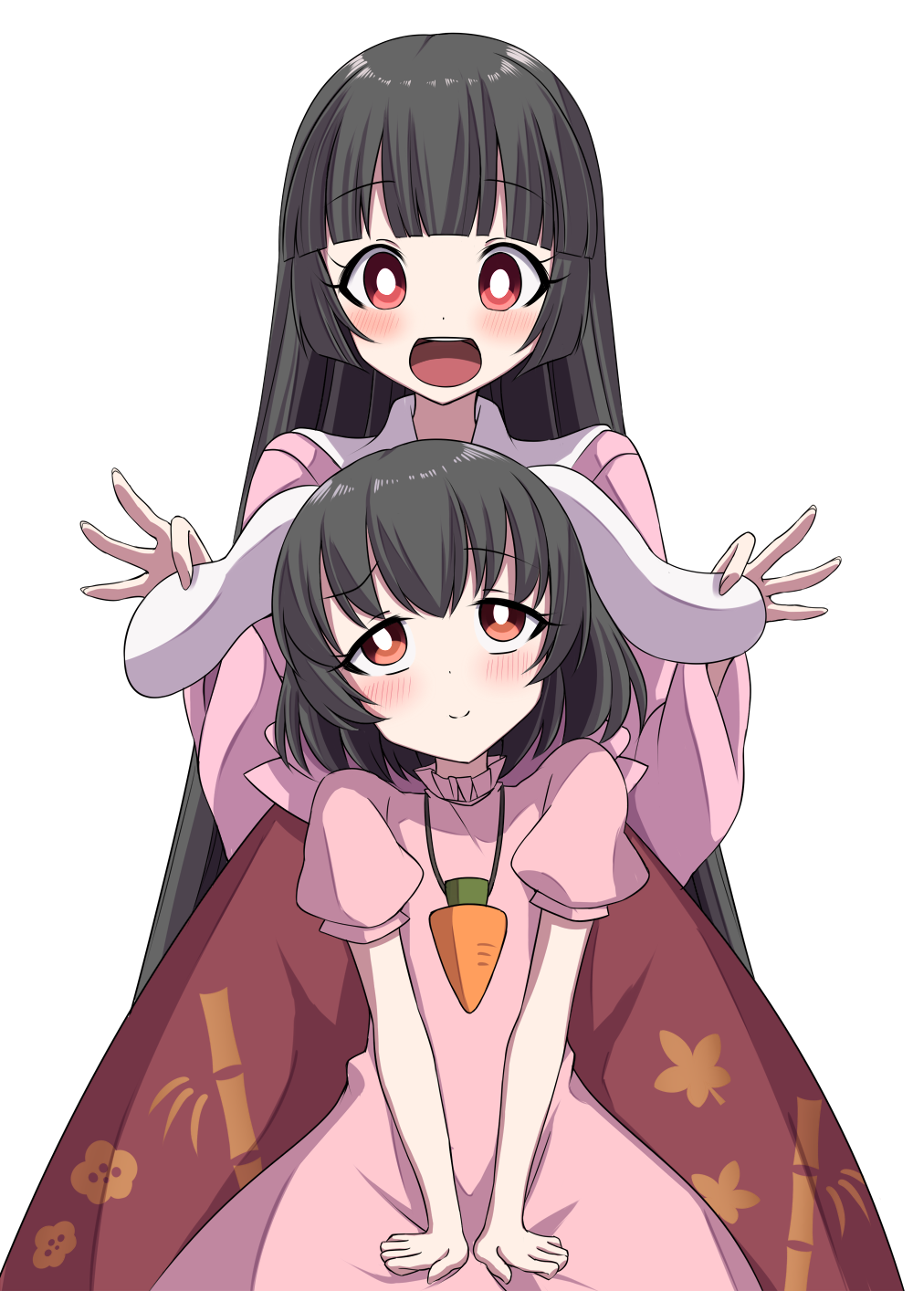 2girls :d bangs behind_another black_hair blouse blunt_bangs blush carrot_necklace commentary_request cowboy_shot dress ear_lift hands_on_lap head_tilt highres hime_cut holding_ears houraisan_kaguya inaba_tewi long_hair long_sleeves looking_at_viewer looking_up multiple_girls open_mouth pink_blouse pink_dress puffy_short_sleeves puffy_sleeves red_eyes red_skirt short_hair short_sleeves simple_background sitting skirt smile standing touhou tsukimirin very_long_hair white_background white_pupils