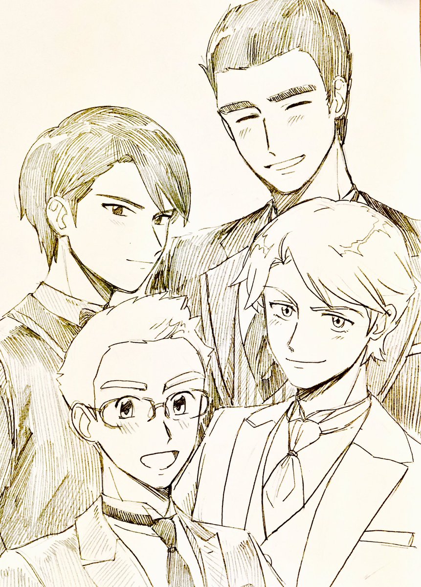bell_(mujin_wakusei_survive) business_suit formal highres howard kaoru_(mujin_wakusei_survive) monochrome mujin_wakusei_survive older rakikoko shingo_(mujin_wakusei_survive) sketch smile suit