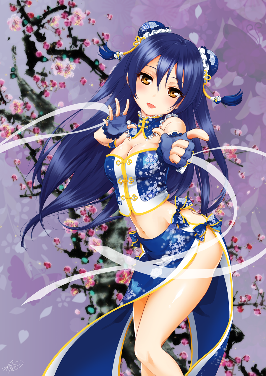 1girl bangs bare_shoulders blue_gloves blue_hair blush breasts bun_cover china_dress chinese_clothes cleavage commentary_request cowboy_shot detached_collar double_bun dress eyebrows_visible_through_hair fingerless_gloves floral_background floral_print flower gloves hair_between_eyes highres long_hair looking_at_viewer love_live! love_live!_school_idol_festival love_live!_school_idol_project miringx2 navel no_panties open_mouth pointing pointing_at_viewer side_slit sleeveless smile solo sonoda_umi standing stomach yellow_eyes