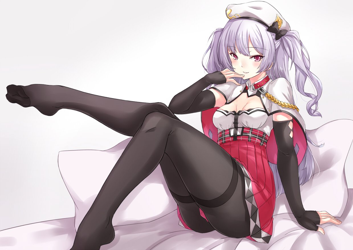 1girl aiguillette ajax_(azur_lane) arm_support asya azur_lane bangs bed_sheet beret black_legwear blush bow breasts capelet choker detached_sleeves eyebrows_visible_through_hair hand_to_own_mouth hat high-waist_skirt leg_up long_hair long_sleeves looking_at_viewer no_shoes pantyhose pillow purple_hair red_eyes red_skirt sidelocks sitting skirt small_breasts smile solo thighband_pantyhose two_side_up white_hat