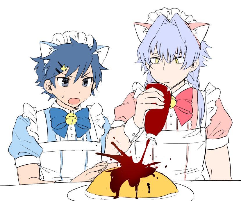 animal_ears azmy_(nyanbou) blue_eyes blue_hair cat_ears fake_animal_ears food idolmaster idolmaster_side-m ketchup ketchup_bottle kizaki_ren looking_down male_focus multiple_boys omelet ponytail silver_hair taiga_takeru yellow_eyes