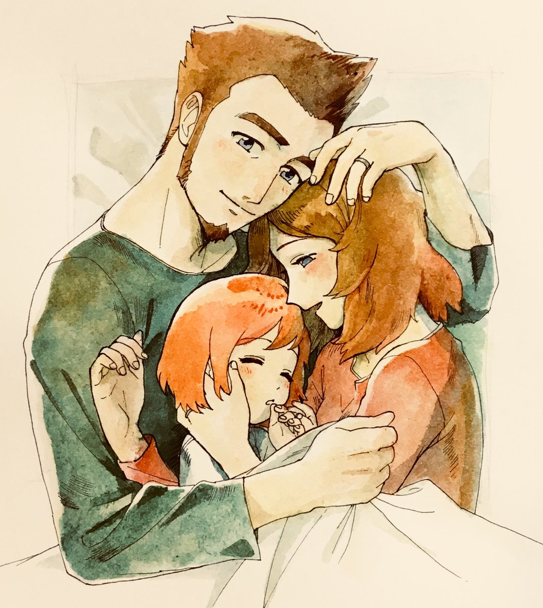 family highres hug luna's_dad luna's_mom luna_(mujin_wakusei_survive) mujin_wakusei_survive rakikoko sketch sleeping smile