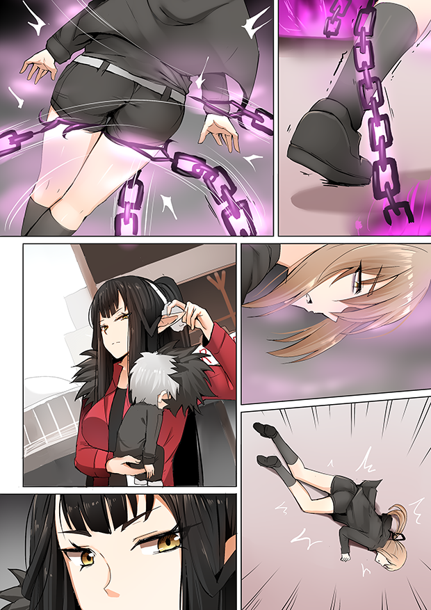 1boy 2girls artoria_pendragon_(all) ass belt black_hair blonde_hair chains coat commentary_request fate/grand_order fate_(series) fur_trim ginhaha glowing jacket long_hair multiple_girls pointy_ears ponytail saber_alter semiramis_(fate) shoes shorts silver_hair socks spiky_hair trembling unconscious very_long_hair yellow_eyes