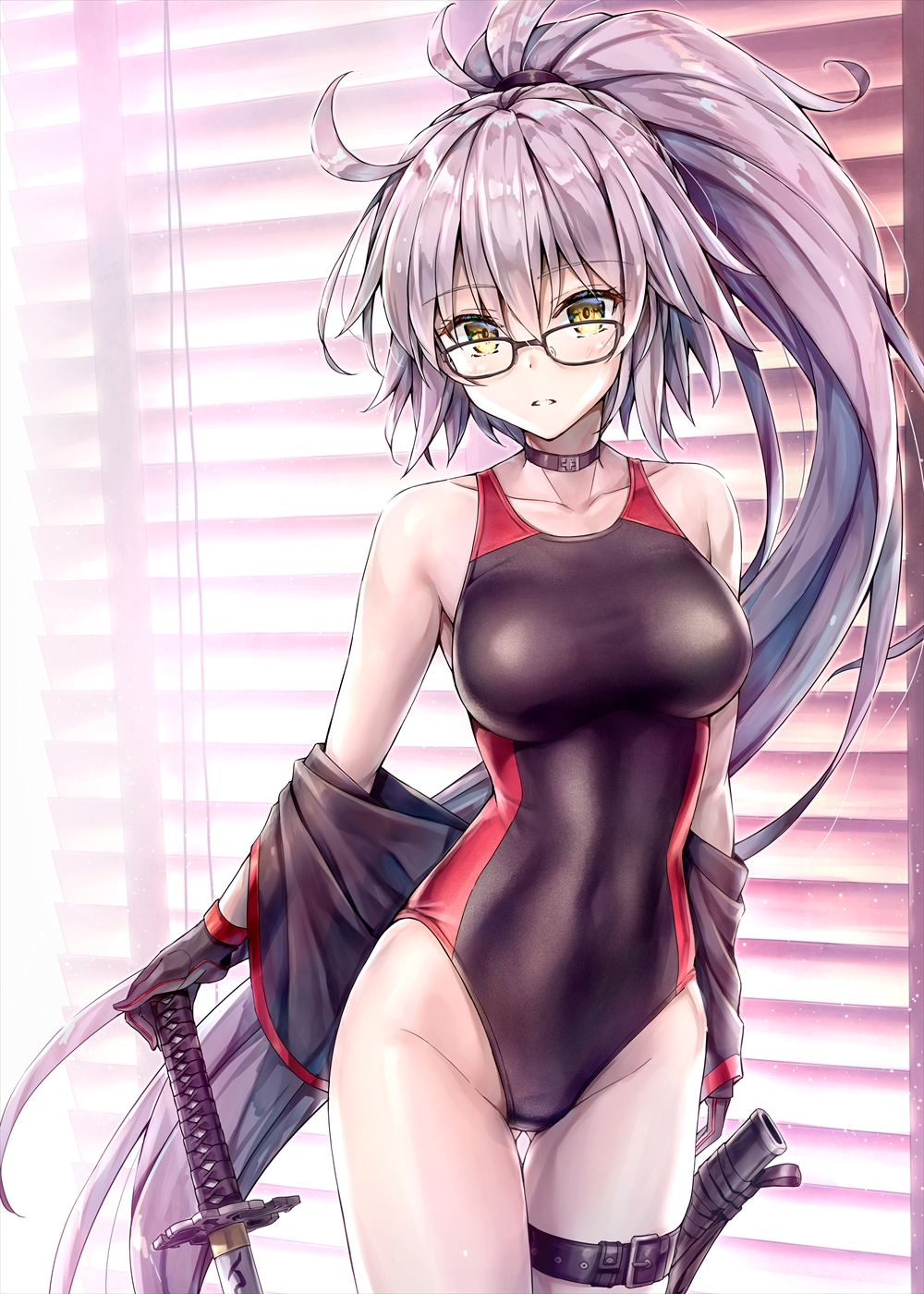 1girl ahoge bangs black_gloves black_jacket blinds blush breasts brown-framed_eyewear choker collarbone commentary_request competition_swimsuit covered_navel eyebrows_visible_through_hair fate/grand_order fate_(series) glasses gloves gluteal_fold groin hair_between_eyes hand_on_hilt hand_on_sword highleg highleg_swimsuit highres indoors jacket jeanne_d'arc_(alter_swimsuit_berserker) jeanne_d'arc_(fate)_(all) katana kotatsu_(kotatsu358) large_breasts light_particles long_hair looking_at_viewer one-piece_swimsuit parted_lips ponytail purple_hair sheath shrug_(clothing) sidelocks skindentation solo swimsuit sword thigh_strap very_long_hair weapon yellow_eyes