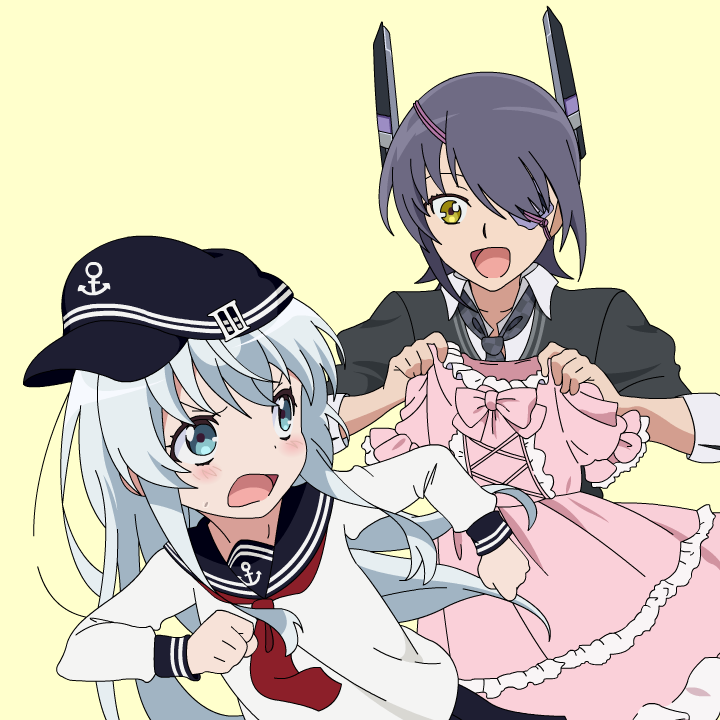 2girls anchor_symbol blue_eyes checkered checkered_neckwear dress eyepatch hat headgear hibiki_(kantai_collection) kantai_collection long_hair multiple_girls parody sailor_collar school_uniform serafuku silver_hair sugapi tenryuu_(kantai_collection) uchi_no_maid_ga_uzasugiru!