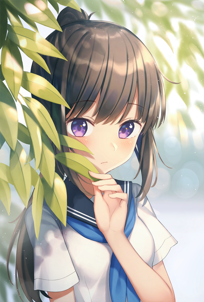 1girl bangs black_sailor_collar blue_neckwear blurry blurry_background blush breasts brown_hair closed_mouth day depth_of_field expressionless eyebrows_visible_through_hair hair_between_eyes hand_up head_tilt high_ponytail kawami_nami leaf light_particles long_hair looking_at_viewer neckerchief original outdoors ponytail sailor_collar school_uniform serafuku shirt short_sleeves sidelocks small_breasts solo sunlight tree_branch upper_body very_long_hair violet_eyes white_shirt