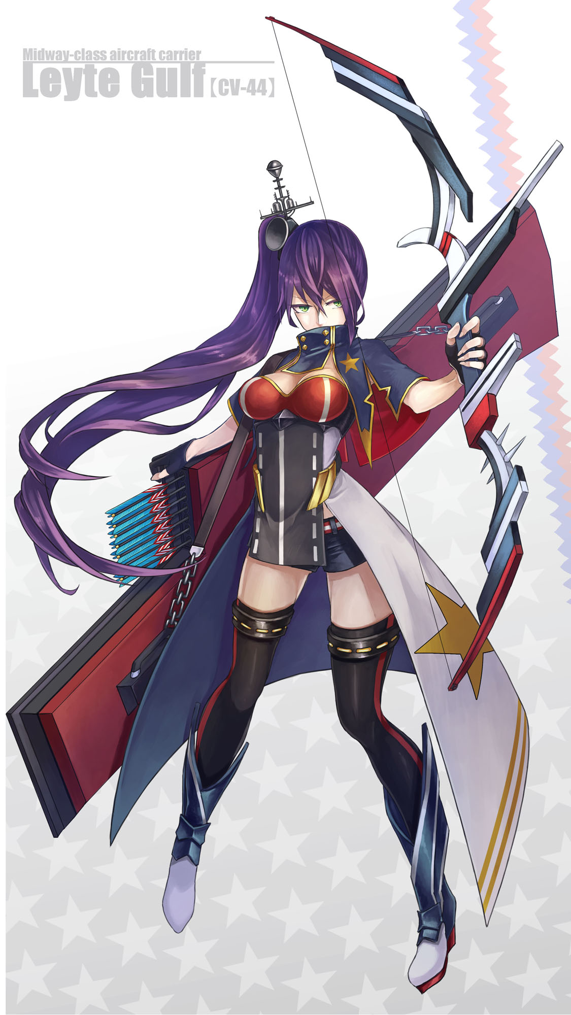 1girl antennae black_gloves black_legwear blue_shorts bow_(weapon) breasts chains character_name cleavage covered_mouth fingerless_gloves full_body gloves green_eyes grey_background highres kuro_(b_g) long_hair looking_at_viewer medium_breasts purple_hair quiver satellite_dish short_shorts shorts side_ponytail simple_background solo standing star steelblue_mirage thigh-highs very_long_hair weapon