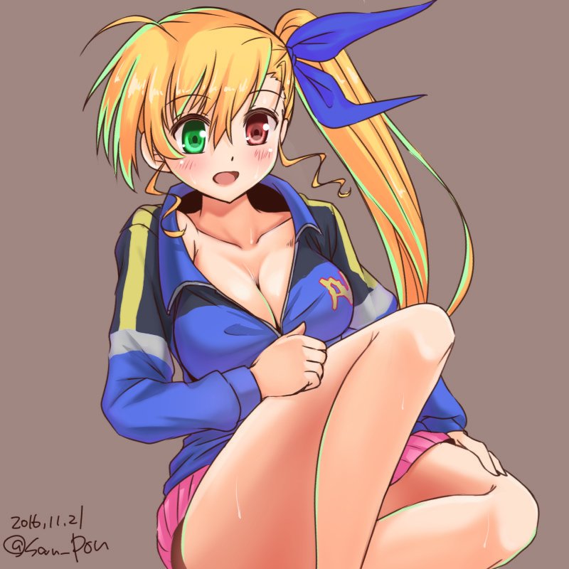 1girl bangs blue_jacket blue_ribbon blush breasts cleavage collarbone commentary_request dated derivative_work eyebrows_visible_through_hair frown green_eyes grey_background hair_ribbon heterochromia jacket large_breasts legs long_hair long_sleeves lyrical_nanoha mahou_shoujo_lyrical_nanoha_vivid minigirl open_mouth petag2 pink_skirt pleated_skirt red_eyes ribbon side_ponytail simple_background sitting skirt solo sweat unzipped vivid_strike! vivio