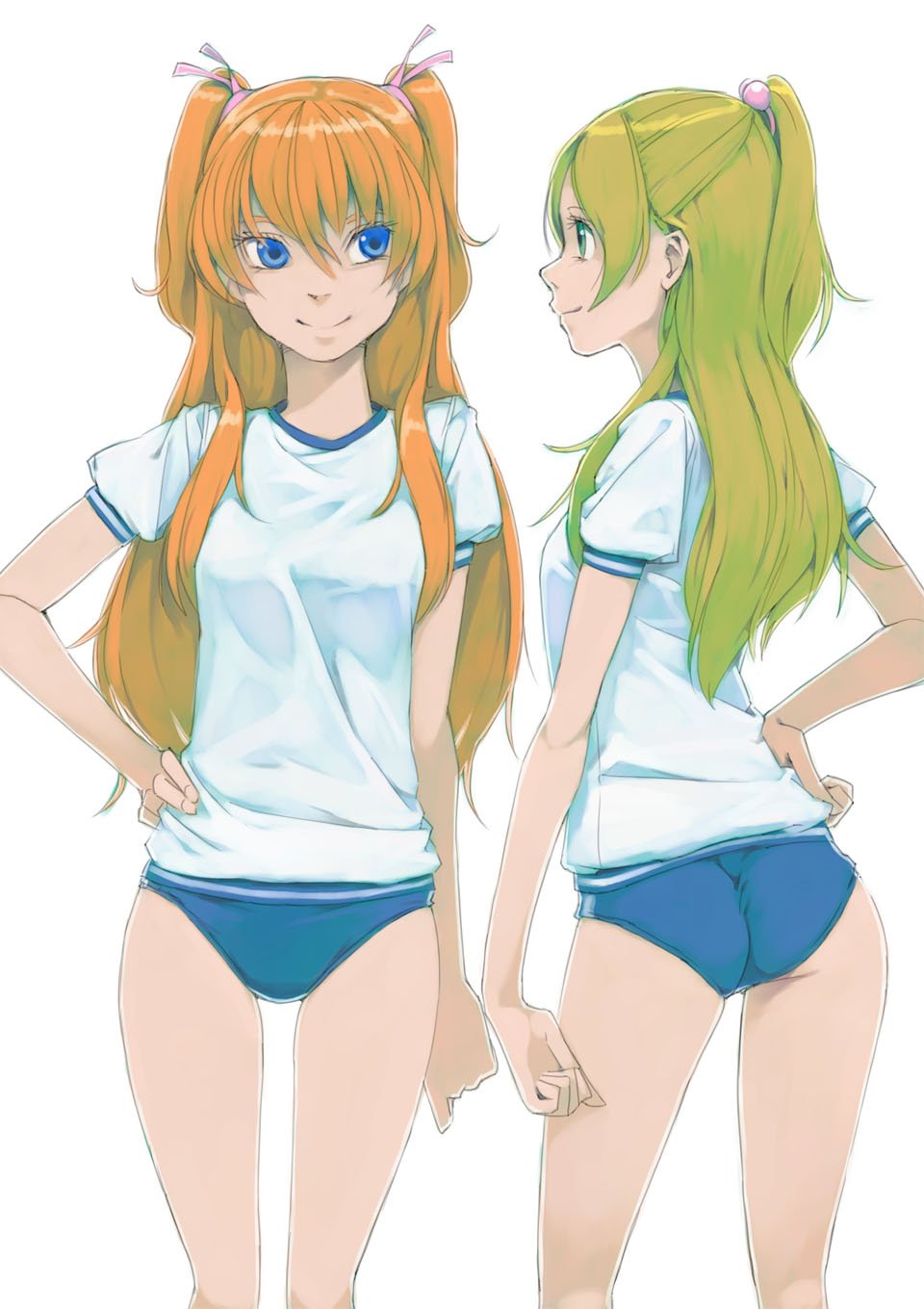 2girls akinbo_(hyouka_fuyou) ass blonde_hair blue_buruma blue_eyes buruma green_eyes gym_uniform hair_bobbles hair_ornament hair_ribbon hand_on_hip high_ponytail highres houjou_hibiki long_hair minamino_kanade multiple_girls orange_hair pink_ribbon precure ribbon shirt short_sleeves simple_background smile standing suite_precure twintails very_long_hair white_background white_shirt