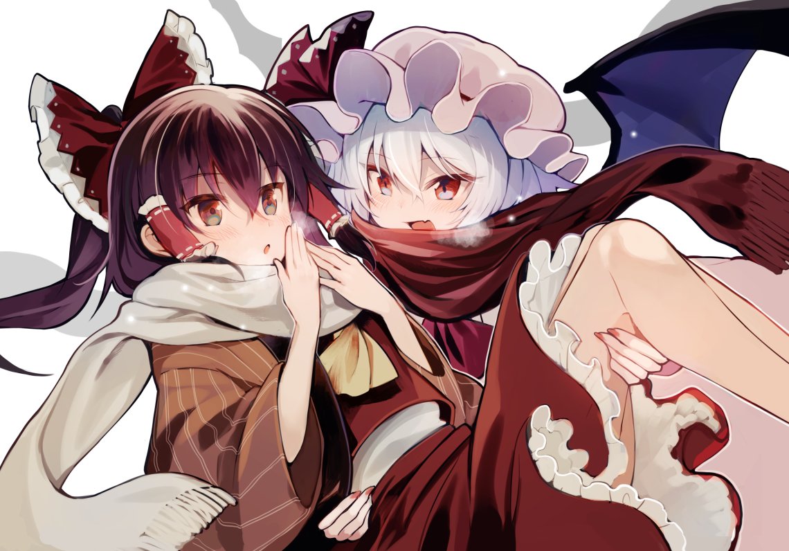 2girls ascot blush bow breath brown_eyes brown_hair carrying commentary_request fang fingernails hair_bow hair_tubes hakurei_reimu hat hat_ribbon long_fingernails long_hair mob_cap multiple_girls nail_polish open_mouth pink_hat ponytail princess_carry red_bow red_eyes red_nails red_ribbon red_scarf red_skirt red_vest remilia_scarlet ribbon scarf sidelocks silver_hair simple_background skirt skirt_set smile touhou upper_body vest white_background white_scarf yellow_neckwear yuki_(popopo)