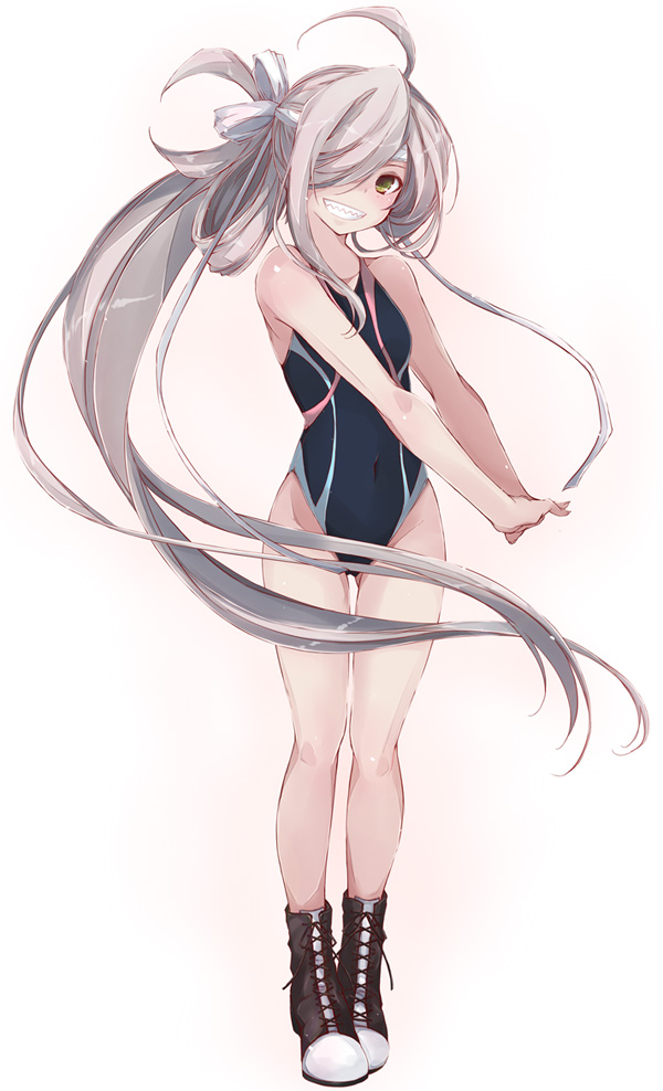 1girl ahoge alternate_costume asashimo_(kantai_collection) bare_arms bare_shoulders boots commentary_request cross-laced_footwear floating_hair full_body grey_eyes grin groin hair_over_one_eye headband highleg highleg_swimsuit kantai_collection lace-up_boots long_hair looking_at_viewer no_legwear one-piece_swimsuit ponytail sharp_teeth silver_hair smile solo swimsuit teeth thighs very_long_hair white_headband yumesato_makura