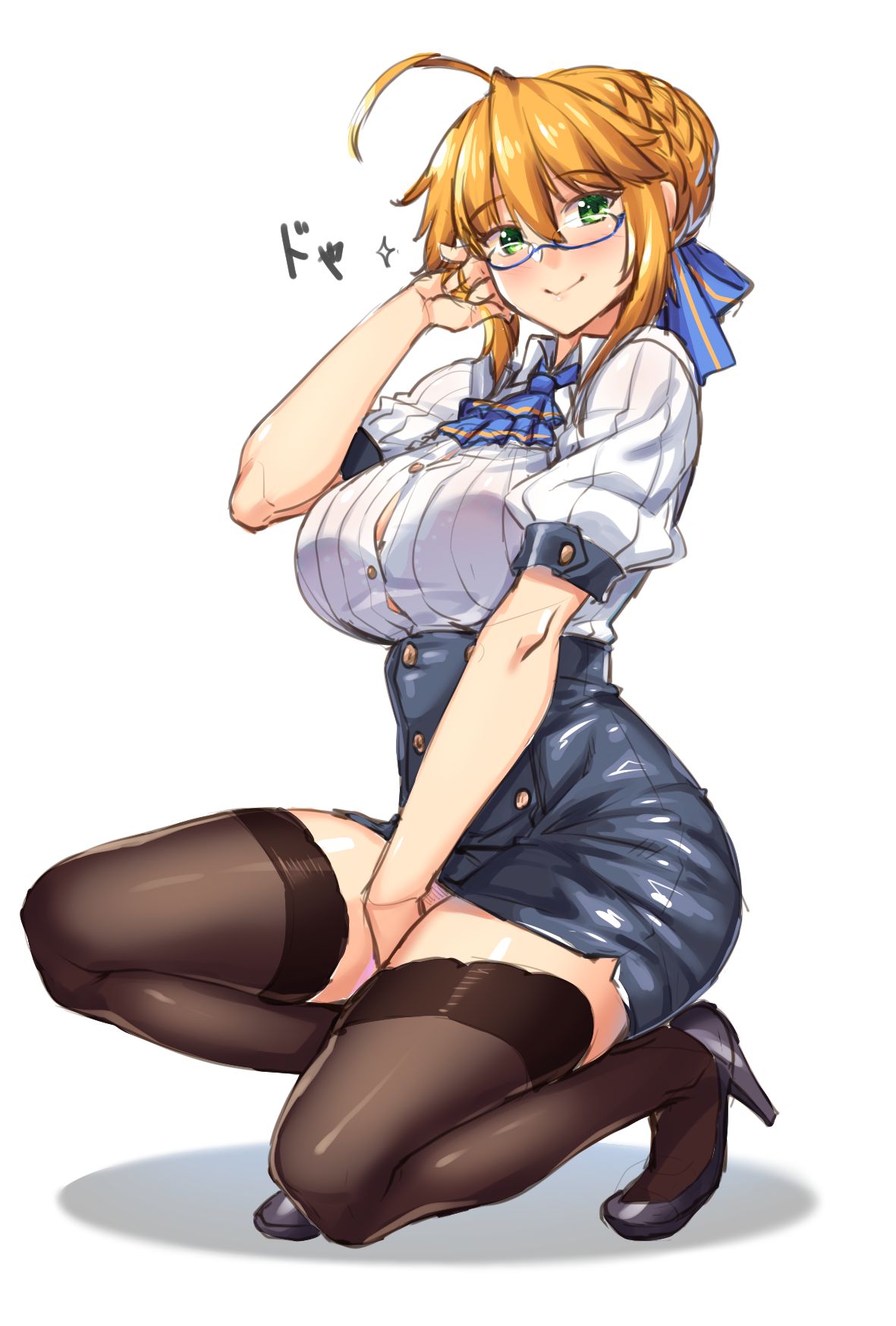 1girl ahoge artoria_pendragon_(all) artoria_pendragon_(lancer) bangs bespectacled between_legs black_legwear blonde_hair blue-framed_eyewear braid breasts collared_shirt commentary_request fate/grand_order fate_(series) french_braid from_side full_body glasses green_eyes hair_between_eyes hand_between_legs highres kneeling large_breasts looking_at_viewer pencil_skirt semi-rimless_eyewear shirokuma_a shirt short_sleeves sidelocks simple_background skirt smile swept_bangs thigh-highs white_background zettai_ryouiki