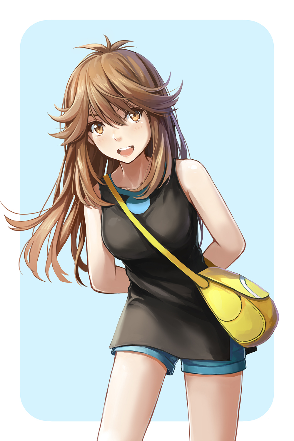 1girl arms_behind_back bag blue_(pokemon) blue_background blush border brown_eyes brown_hair commentary contrapposto creatures_(company) game_freak highres leaning_forward long_hair messenger_bag nintendo open_mouth pokemon pokemon_(game) pokemon_lgpe redpoke shorts shoulder_bag simple_background smile solo tank_top