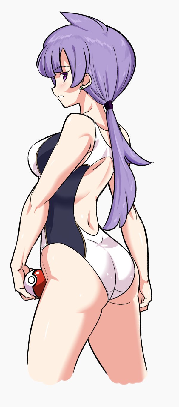 1girl ahoge ass breasts bright_pupils commentary_request competition_swimsuit cowboy_shot creatures_(company) earrings eyebrows_visible_through_hair game_freak grey_background highres jewelry large_breasts lila_(pokemon) long_hair looking_back low_ponytail nintendo one-piece_swimsuit parted_lips poke_ball pokemon pokemon_(game) pokemon_sm profile purple_hair sakuraidai simple_background smile solo stud_earrings swimsuit violet_eyes white_pupils