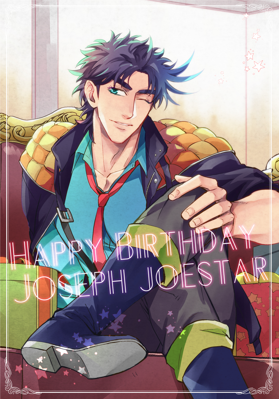 1boy battle_tendency blue_eyes boots caesar_anthonio_zeppeli gift happy_birthday highres jacket jojo_no_kimyou_na_bouken joseph_joestar_(young) kine_(warabi_mk501) legs_crossed male_focus necktie one_eye_closed purple_hair solo suspenders