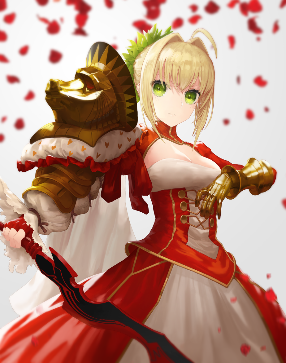 1girl aestus_estus ahoge armor armored_dress bangosu bangs blonde_hair blurry breasts cleavage cleavage_cutout cowboy_shot depth_of_field dress eyebrows_visible_through_hair fate/extra fate_(series) fingerless_gloves gauntlets gloves gold_armor green_eyes hair_intakes holding holding_sword holding_weapon long_sleeves looking_at_viewer medium_breasts nero_claudius_(fate) nero_claudius_(fate)_(all) outstretched_arm pauldrons petals red_dress short_hair solo standing sword v-shaped_eyebrows weapon wreath