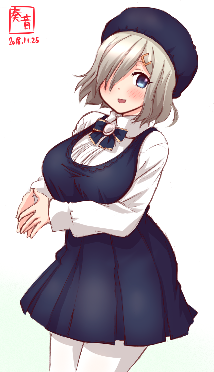 1girl alternate_costume artist_logo beret blue_eyes blue_neckwear blush breasts collared_shirt cowboy_shot dated dress eyebrows_visible_through_hair hair_ornament hair_over_one_eye hairclip hamakaze_(kantai_collection) hat highres kanon_(kurogane_knights) kantai_collection large_breasts long_sleeves looking_at_viewer neck_ribbon pantyhose ribbon shirt short_hair signature silver_hair simple_background sleeveless sleeveless_dress solo white_background white_legwear white_shirt