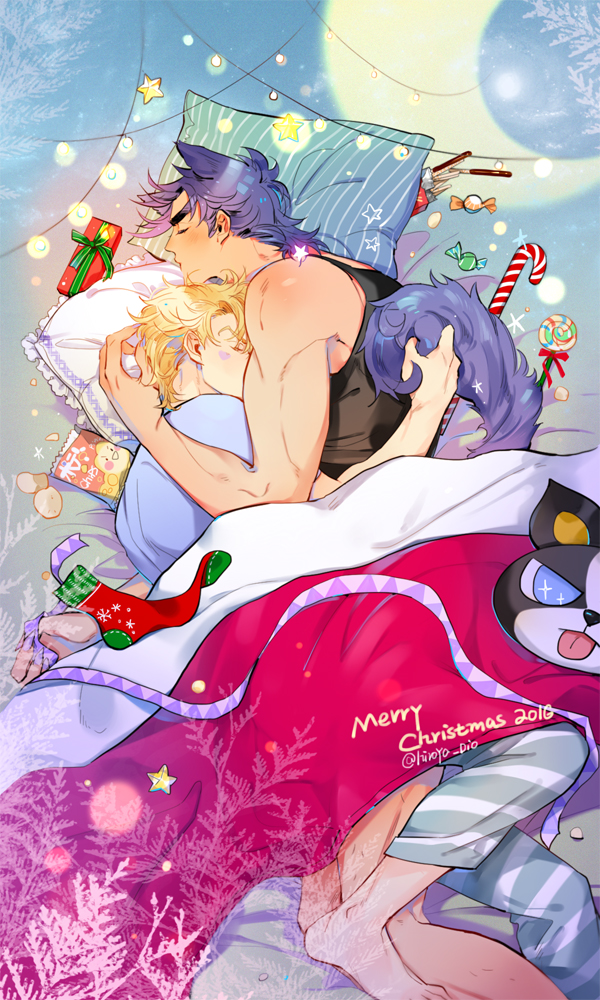 2016 2boys animal_ears bag_of_chips battle_tendency blonde_hair blue_hair caesar_anthonio_zeppeli cameo candy candy_cane catsizuru christmas christmas_stocking facial_mark food gift holding holding_ribbon holding_tail hug iggy_(jojo) jojo_no_kimyou_na_bouken joseph_joestar_(young) male_focus merry_christmas multiple_boys pillow pocky purple_hair ribbon sleeping tail twitter_username wolf_ears wolf_tail