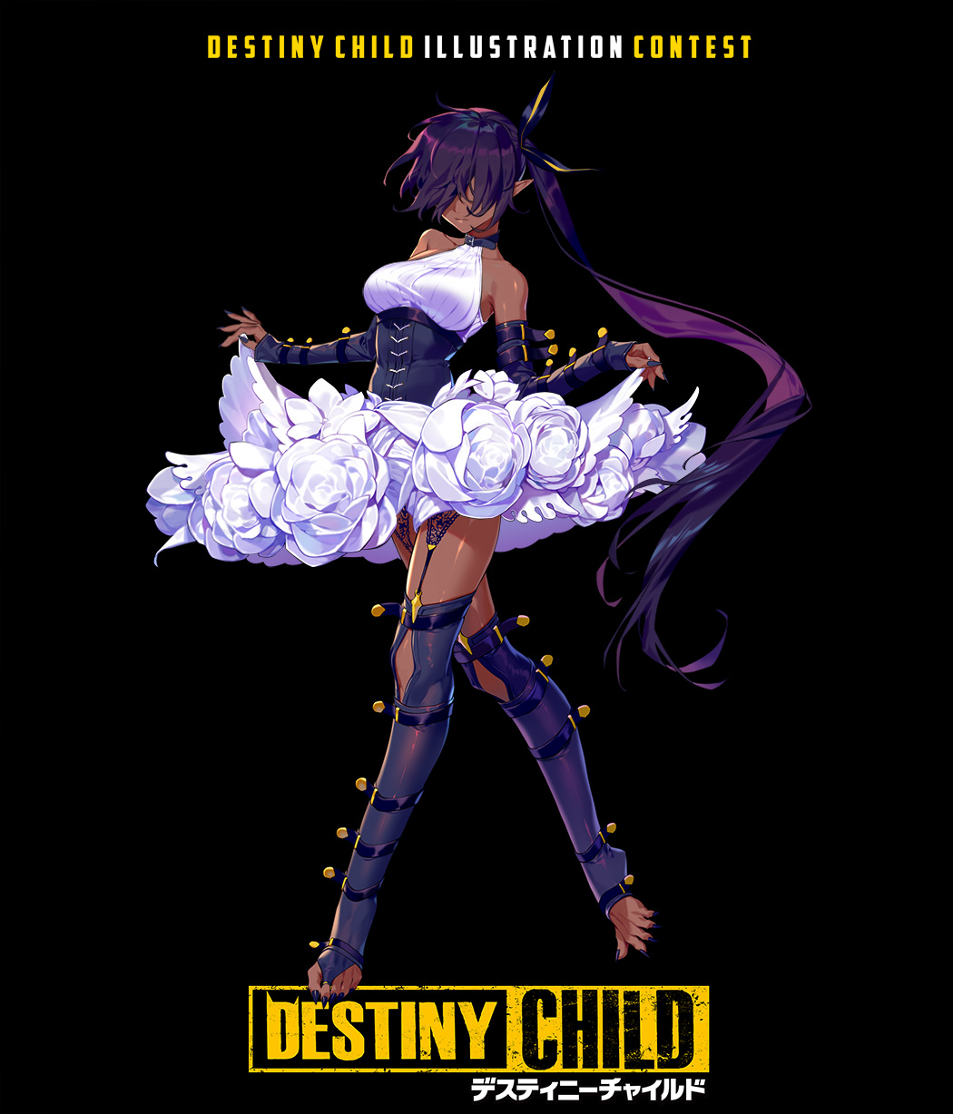 1girl bare_shoulders belt_collar black_background bow breasts closed_mouth copyright_name corset covered_eyes dark_skin destiny_child detached_sleeves fingernails flower full_body garter_straps hair_bow hair_over_eyes highres long_hair long_sleeves medium_breasts nail_polish original pointy_ears ponytail purple_hair purple_legwear purple_nails rose simple_background skirt smile solo standing thigh-highs toeless_legwear very_long_hair white_flower white_rose white_skirt yamakawa