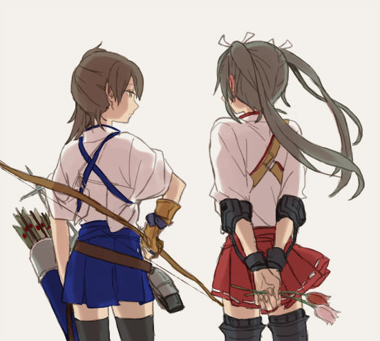 2girls arrow blush bow_(weapon) brown_hair commentary_request ear_blush flower from_behind green_hair japanese_clothes kaga_(kantai_collection) kantai_collection multiple_girls quiver ree_(re-19) side_ponytail tasuki thigh-highs twintails weapon zettai_ryouiki zuikaku_(kantai_collection)