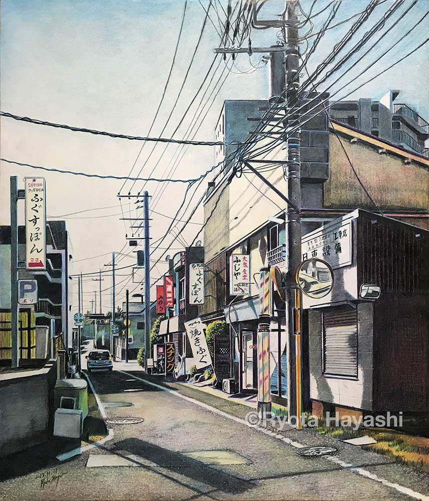 barber_pole building car city colored_pencil_(medium) commentary copyright_name dated ground_vehicle hayashi_ryouta manhole mirror motor_vehicle original outdoors power_lines real_world_location realistic road road_sign scenery shopping_district shutter sign signature sky street telephone_pole tokyo_(city) traditional_media traffic_light