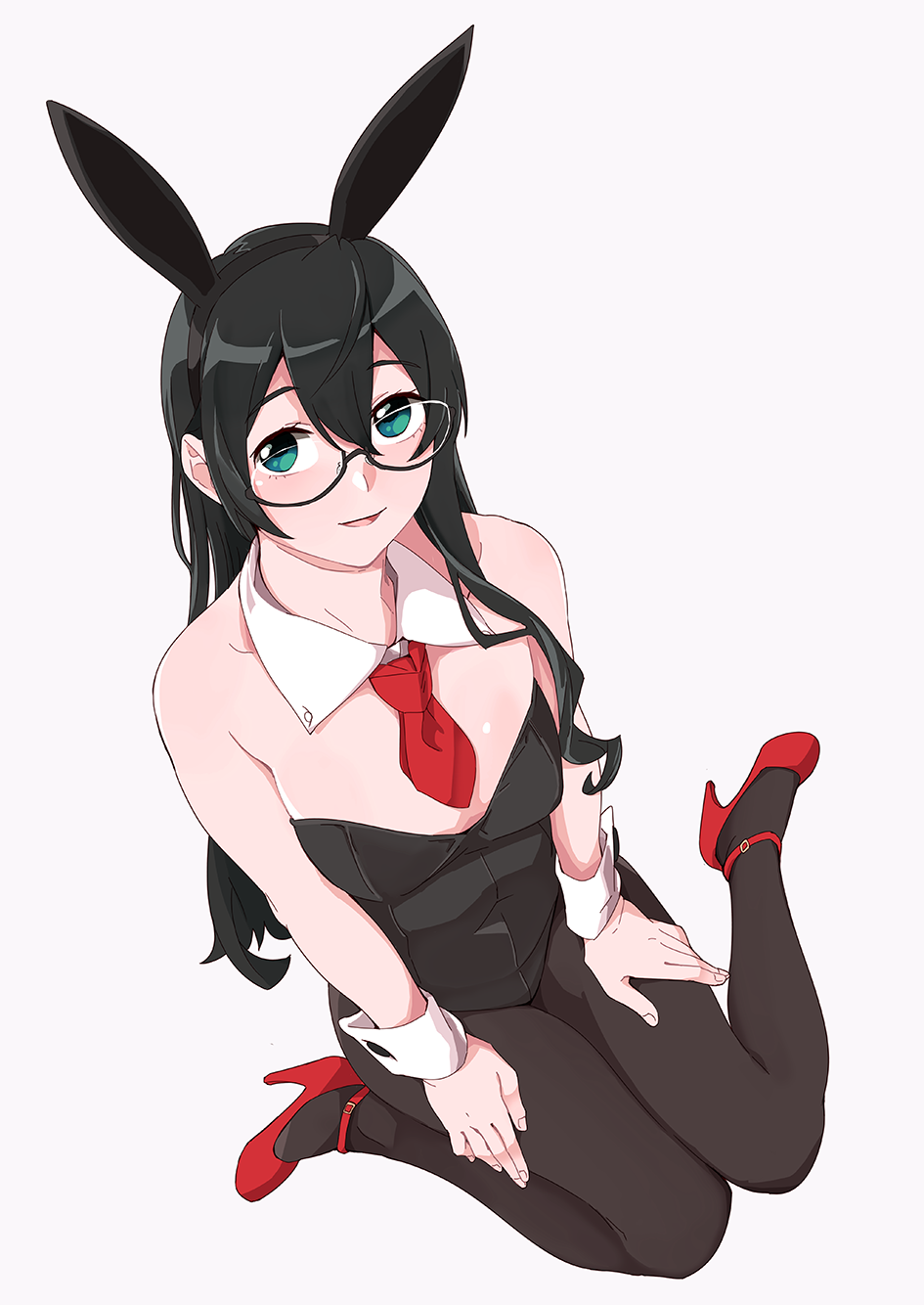 1girl animal_ears black-framed_eyewear black_hair black_legwear black_leotard breasts bunny_tail bunnysuit detached_collar from_above full_body hairband highres kantai_collection leotard long_hair looking_at_viewer looking_up necktie ojipon ooyodo_(kantai_collection) open_mouth pantyhose rabbit_ears red_neckwear semi-rimless_eyewear simple_background sitting small_breasts smile solo strapless strapless_leotard tail under-rim_eyewear wariza white_background wrist_cuffs
