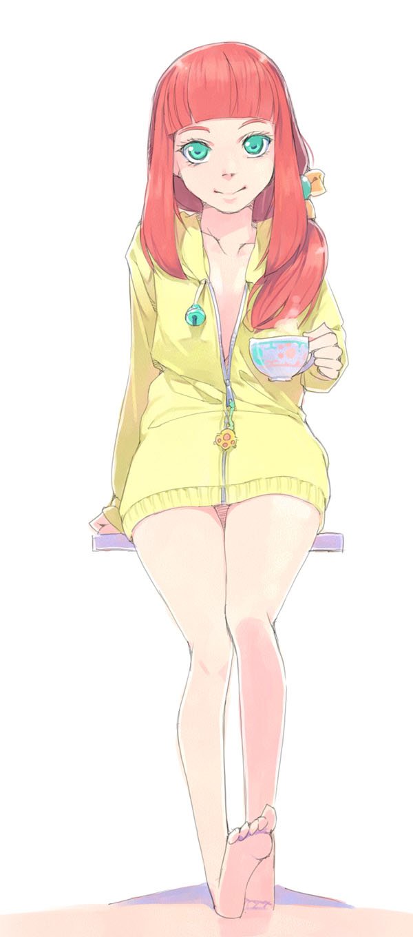 aikatsu!_(series) aikatsu_stars! akinbo_(hyouka_fuyou) bangs barefoot bell blunt_bangs bow collarbone cup dress flat_chest full_body green_eyes hair_bell hair_bow hair_ornament highres holding holding_cup long_hair looking_at_viewer partially_unzipped redhead saotome_ako sitting smile soles sweater sweater_dress teacup yellow_sweater