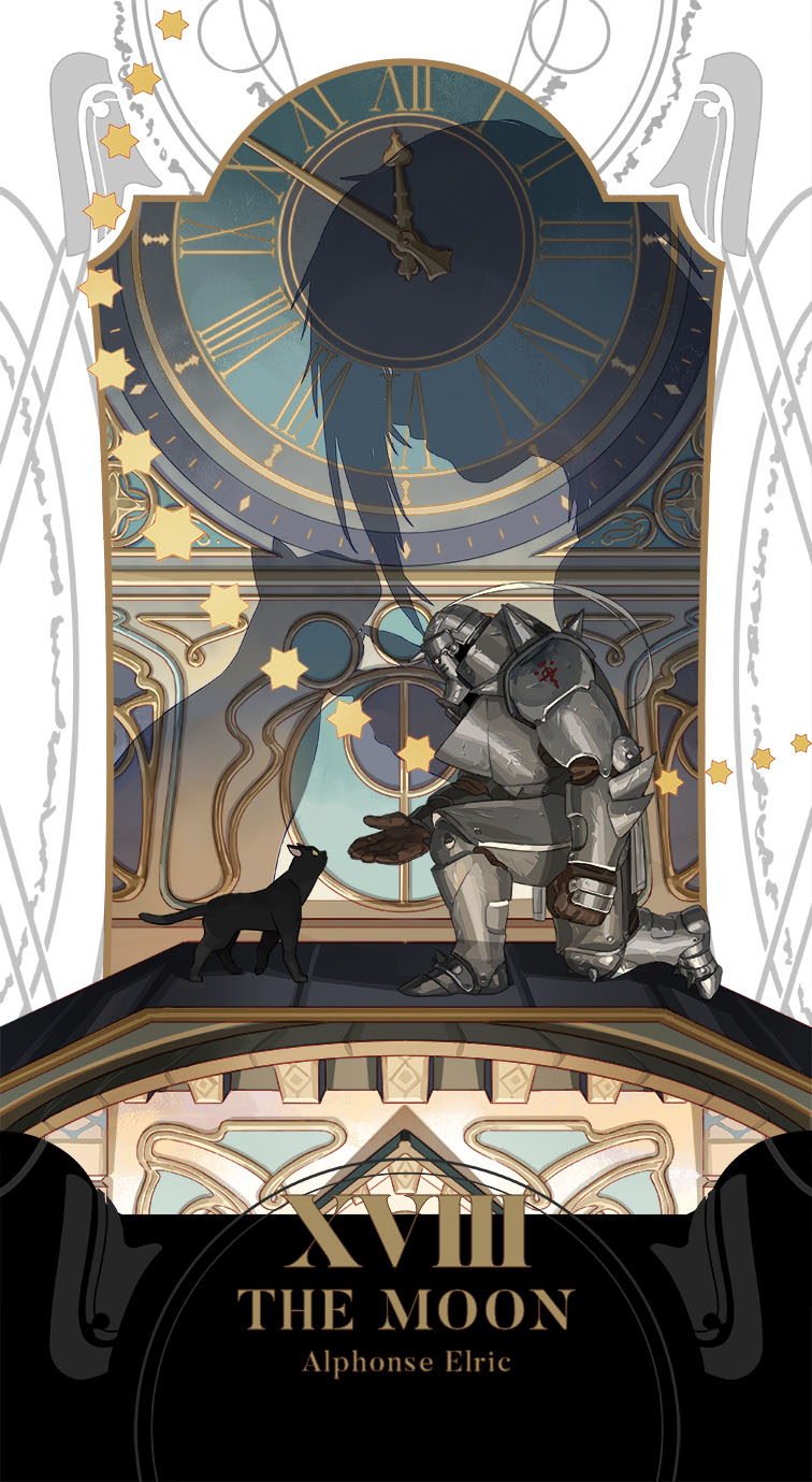 1boy alphonse_elric animal armor black_cat cat character_name clock different_shadow flamel_symbol full_armor fullmetal_alchemist gloves highres holy_pumpkin kneeling male_focus outstretched_hand profile revision shadow star tarot text_focus